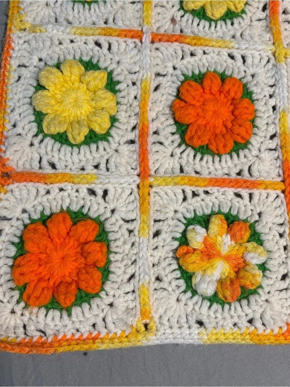 Afghan 3D Granny Flower Knitted Crochet Throw Blanket Orange Yellow 72x45 Groovy